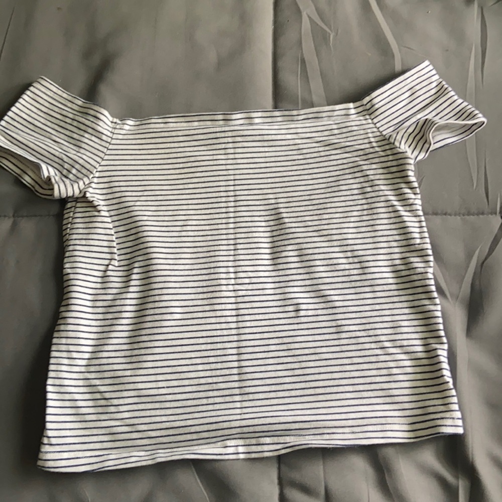 off the shoulder black & white striped shirt